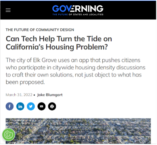 Governing Magazine headline: Can Tech Help Turn the Tide on California’s Housing Problem?